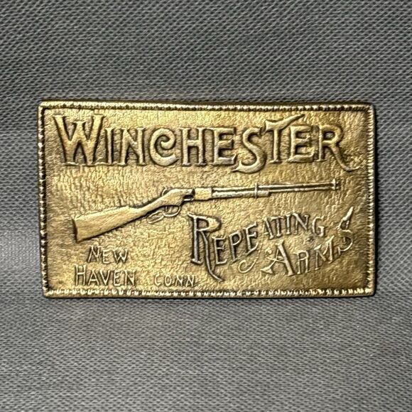 Vintage Winchester Brass Belt Buckle Repeating Arms New Haven Conn Rifle Shotgun - Picture 1 of 7